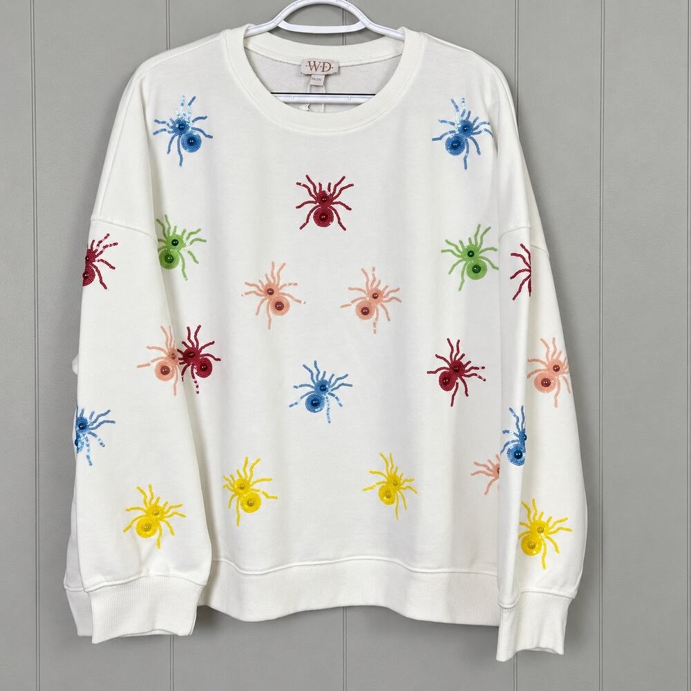 Whiskey Darling Women’s 2XL/3XL White Sequin Spider Sweatshirt Halloween NWT